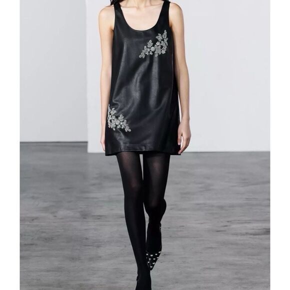 Zara Dresses & Skirts - Zara Faux Leather Black Sleeveless Dress with Floral Embroidery